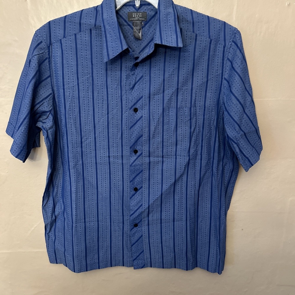 Crazy Horse Mens XL Blue Stripes Short Sleeve Dress Shirt Textured‎